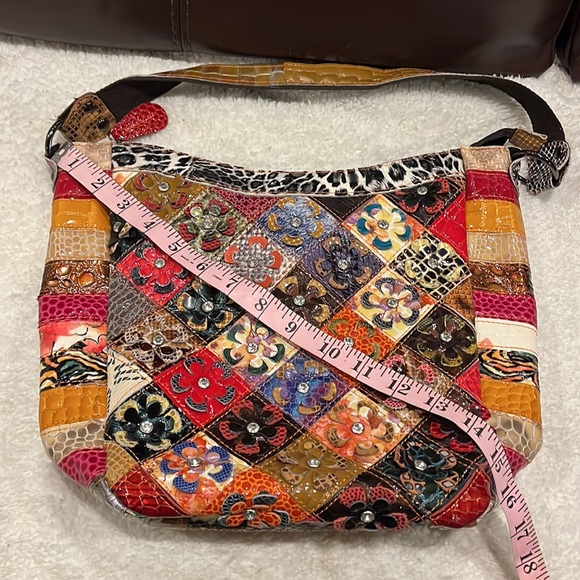 Treska multi color patchwork and rhinestone flowered leather shoulder bag - Picture 3 of 8